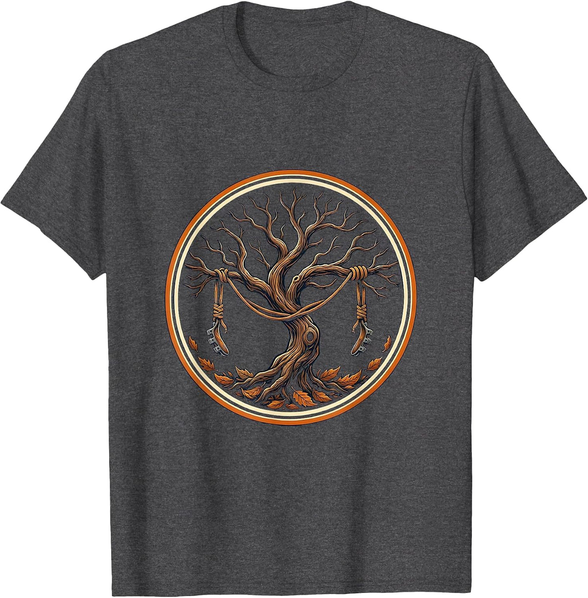 Men's Fall Track Spikes Hanging From Bare Tree Branch T-Shirt - Dark Heather Grey