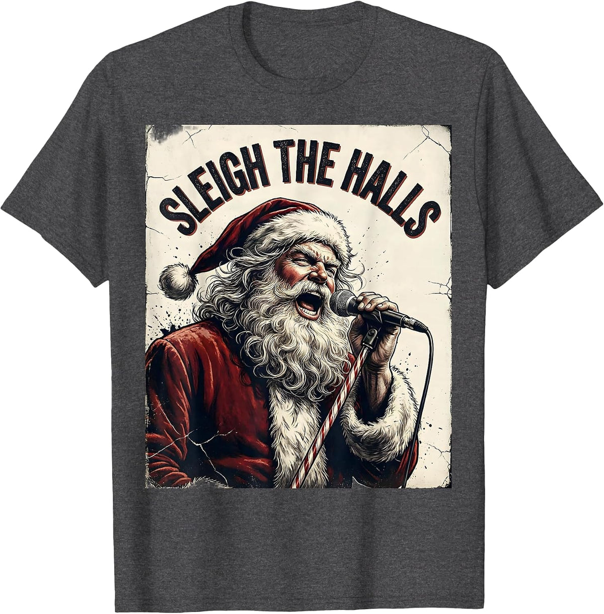 Sleigh the Halls Distressed Heavy Metal Santa Parody T-Shirt - Dark Heather Grey