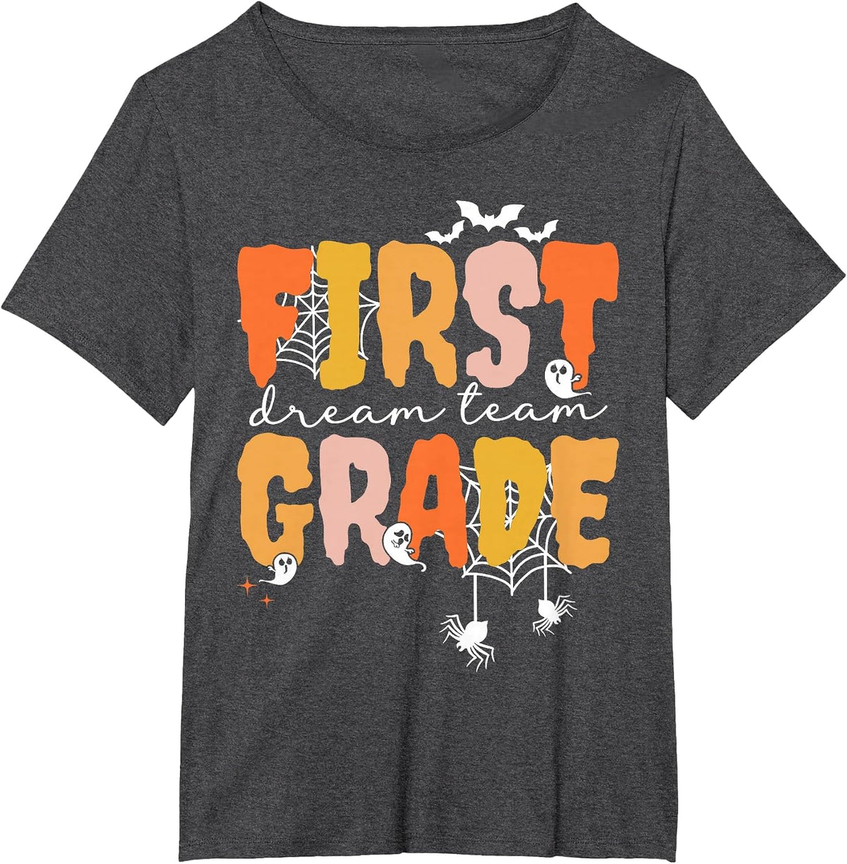 First Grade Dream Retro Team Fall Halloween Spooky Teachers T-Shirt - Dark Heather Grey