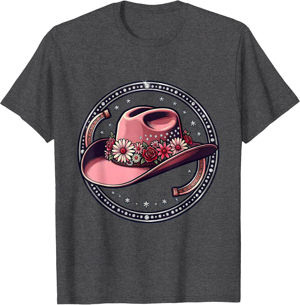 Cowgirl Wildflower Hat Rodeo Illustration T-Shirt - Dark Heather Grey