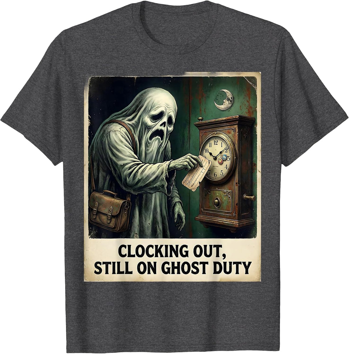 Men's Clocking Out, Still On Ghost Duty Vintage Halloween School T-Shirt - Dark Heather Grey