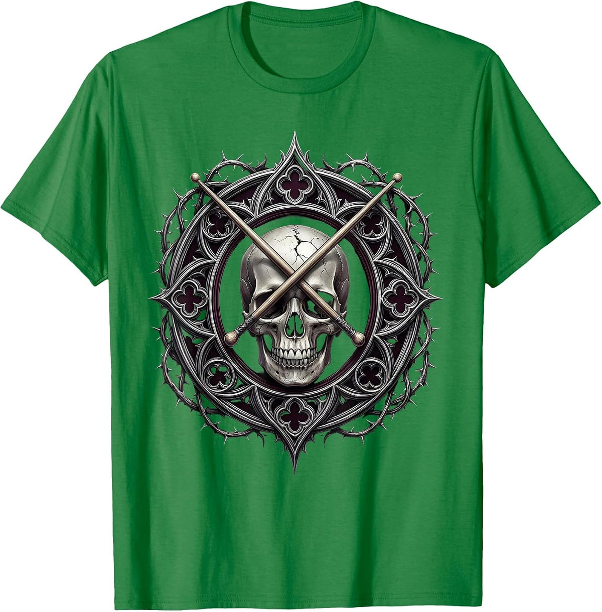 Men's Crossed Drumsticks Cracked Skull Vintage Rock Design T-Shirt - Kelly Green