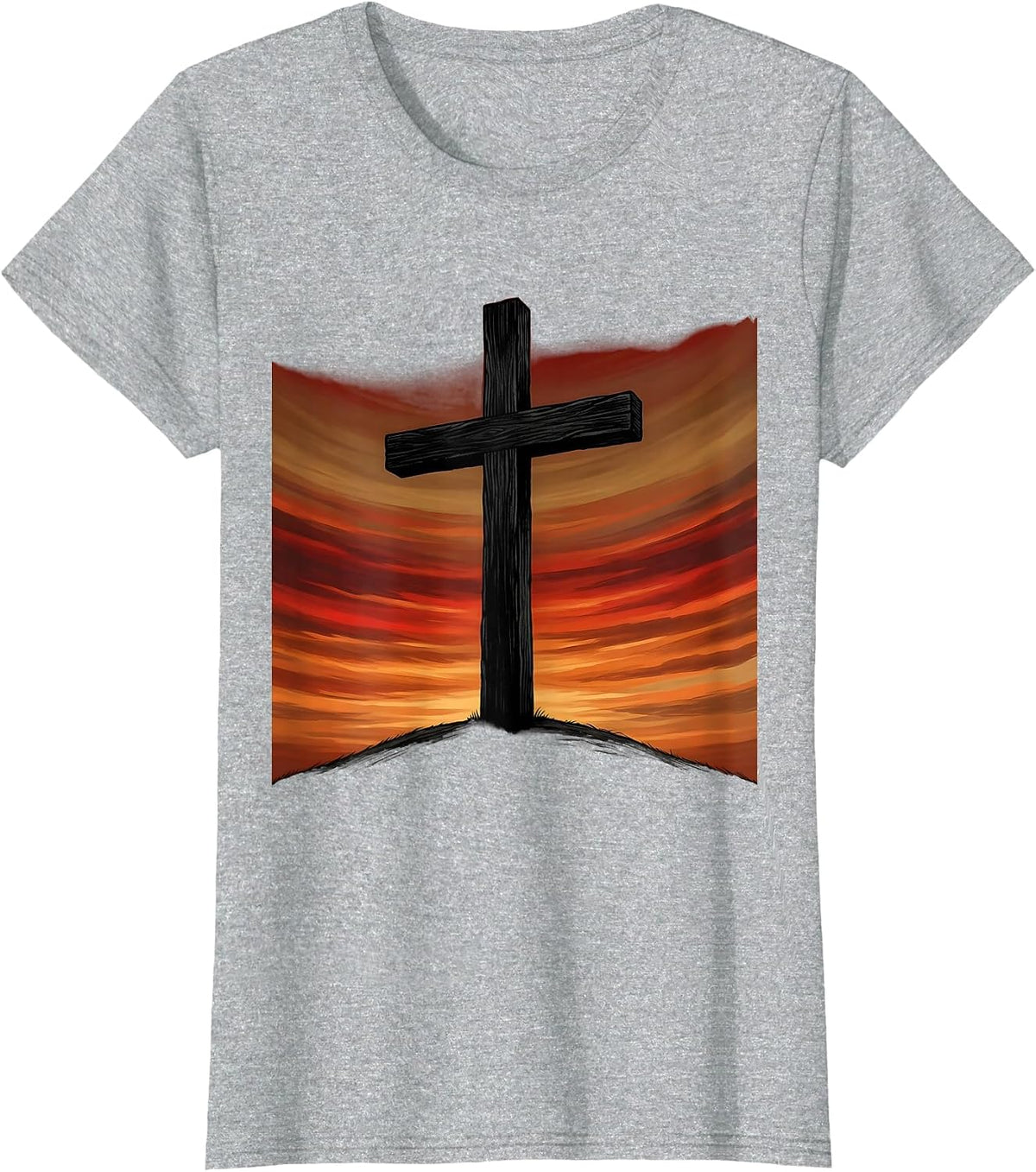 Cross Silhouette Blood Red Sunset Sky Jesus T-Shirt - Heather Grey