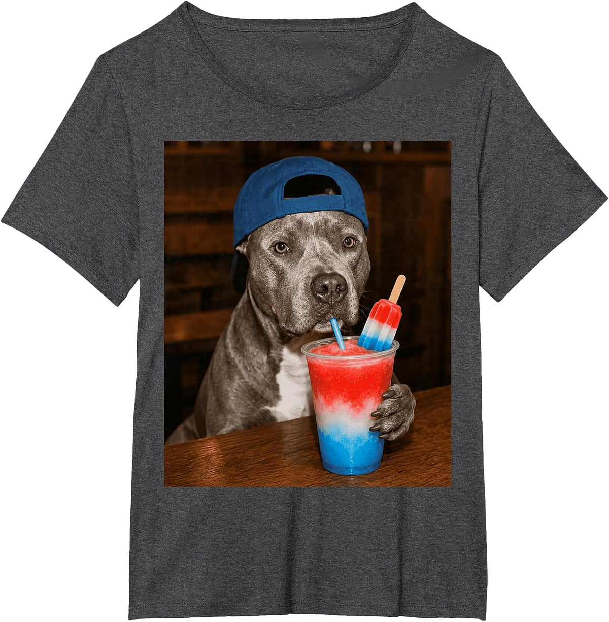 Pitbull Drinking Patriotic Slusie Funny Dog Meme 4th of July T-Shirt - Dark Heather Grey