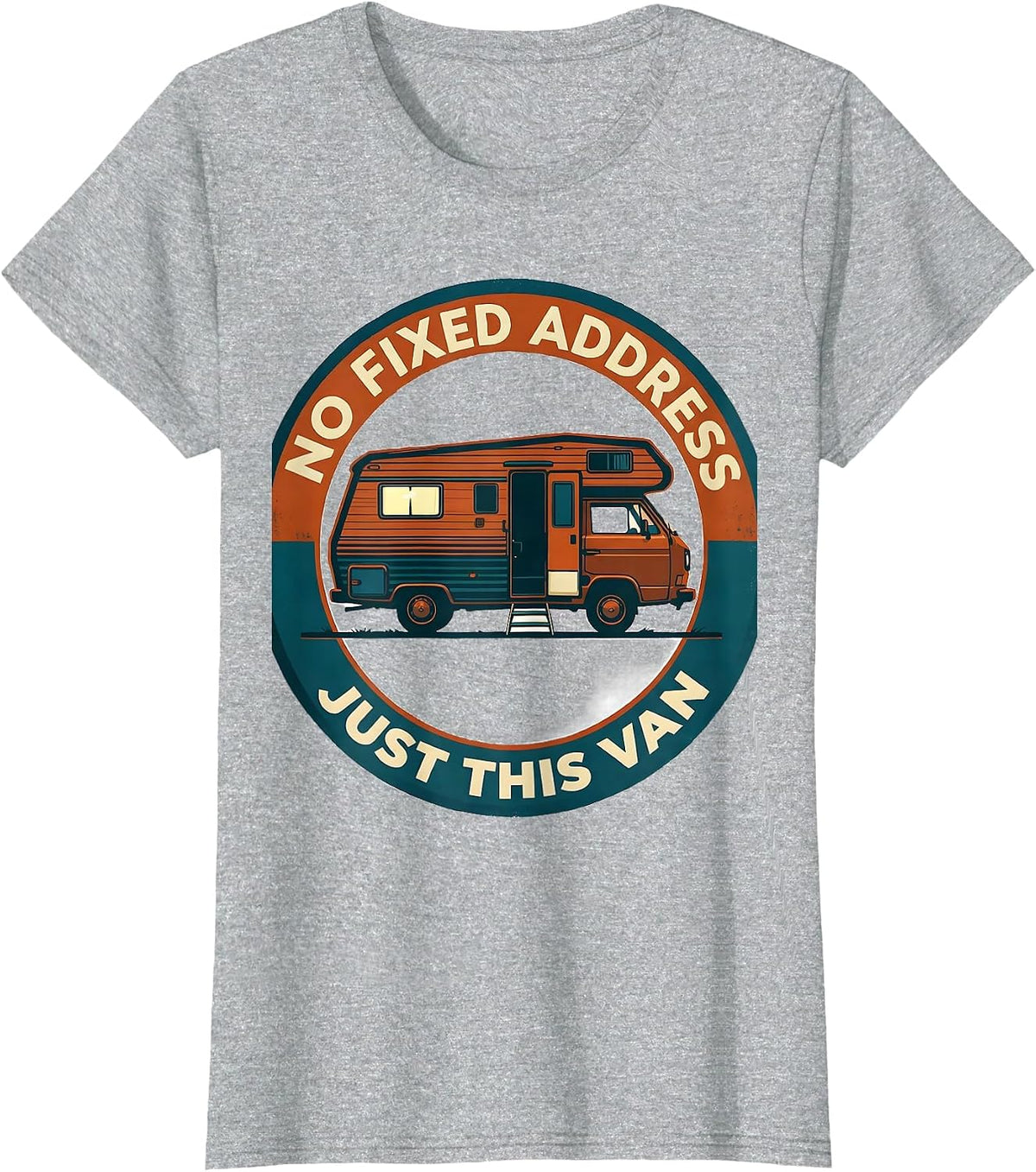 Women's No Fixed Address Just This Van Retro Van Life Nomad Travel T-Shirt - Heather Grey