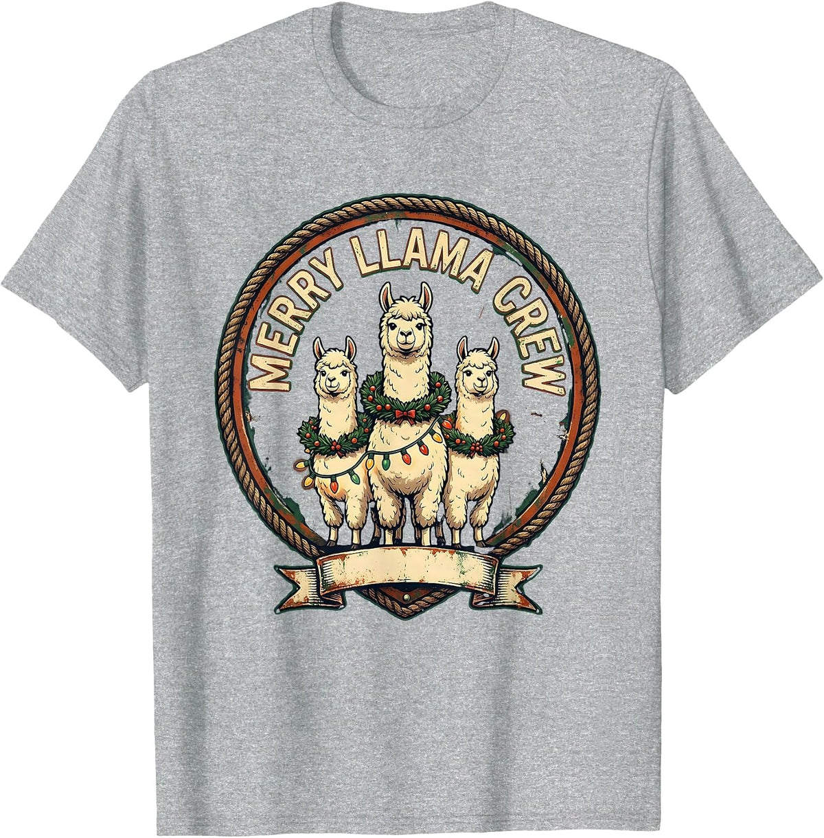 Men's Merry Llama Crew Vintage Funny Llama Lover Christmas T-Shirt - Heather Grey