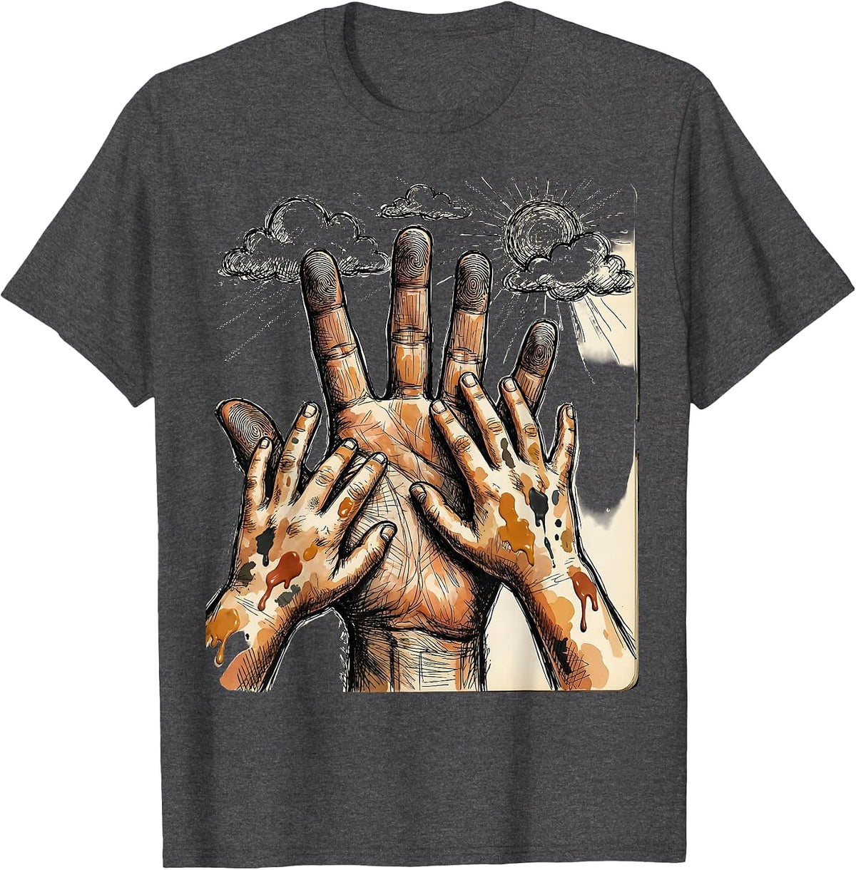Daycare Teacher Paint Hands Reaching Sky Design T-Shirt - Dark Heather Grey