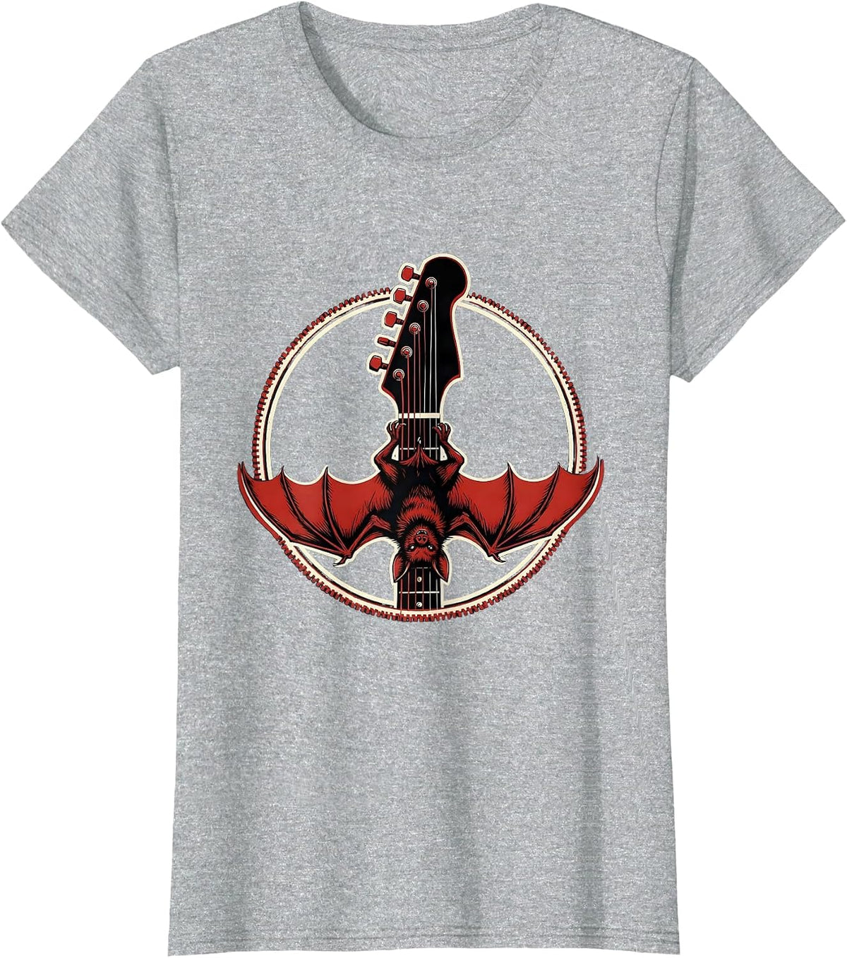 Bat on Guitar Headstock Rock and Roll Design T-Shirt - Heather Grey