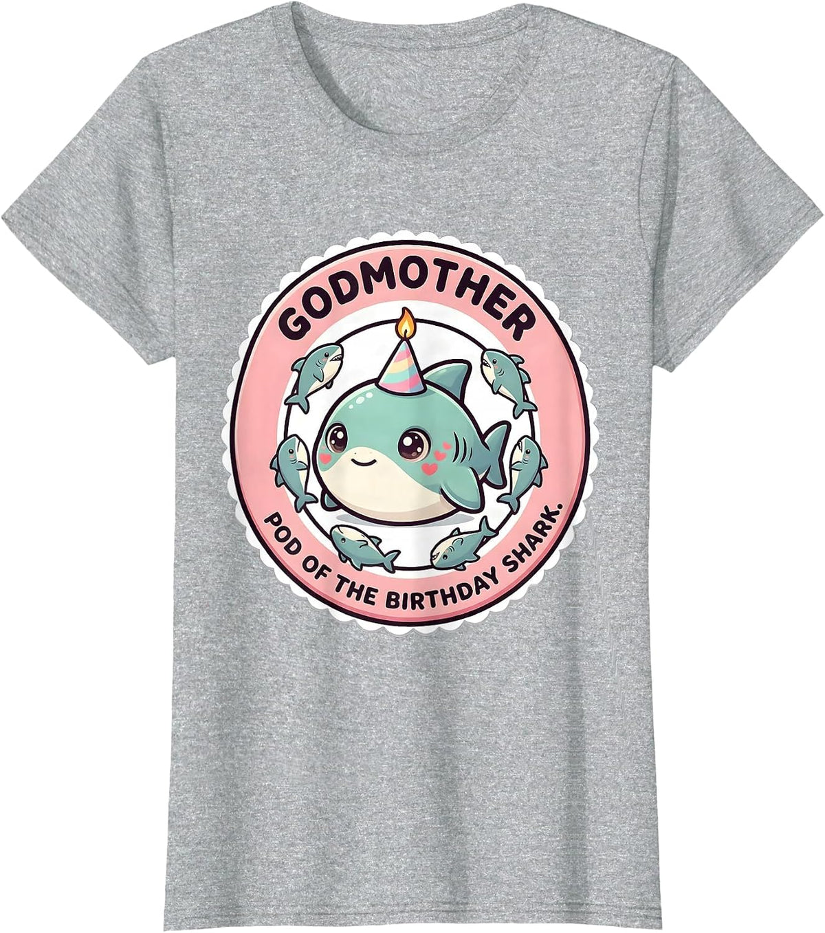 Women's Godmother Pod Of The Birthday Shark Cute Kawaii Family T-Shirt - Heather Grey