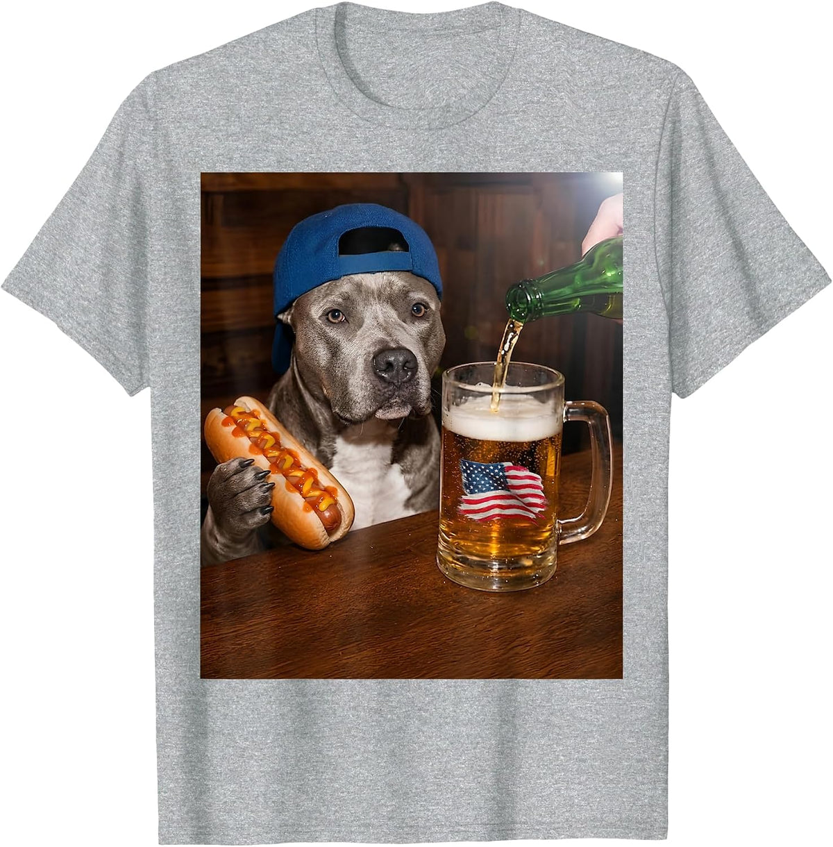 Funny Pitbull Meme Drinking Beer Hotdog USA Flag Pittie Moms T-Shirt - Heather Grey