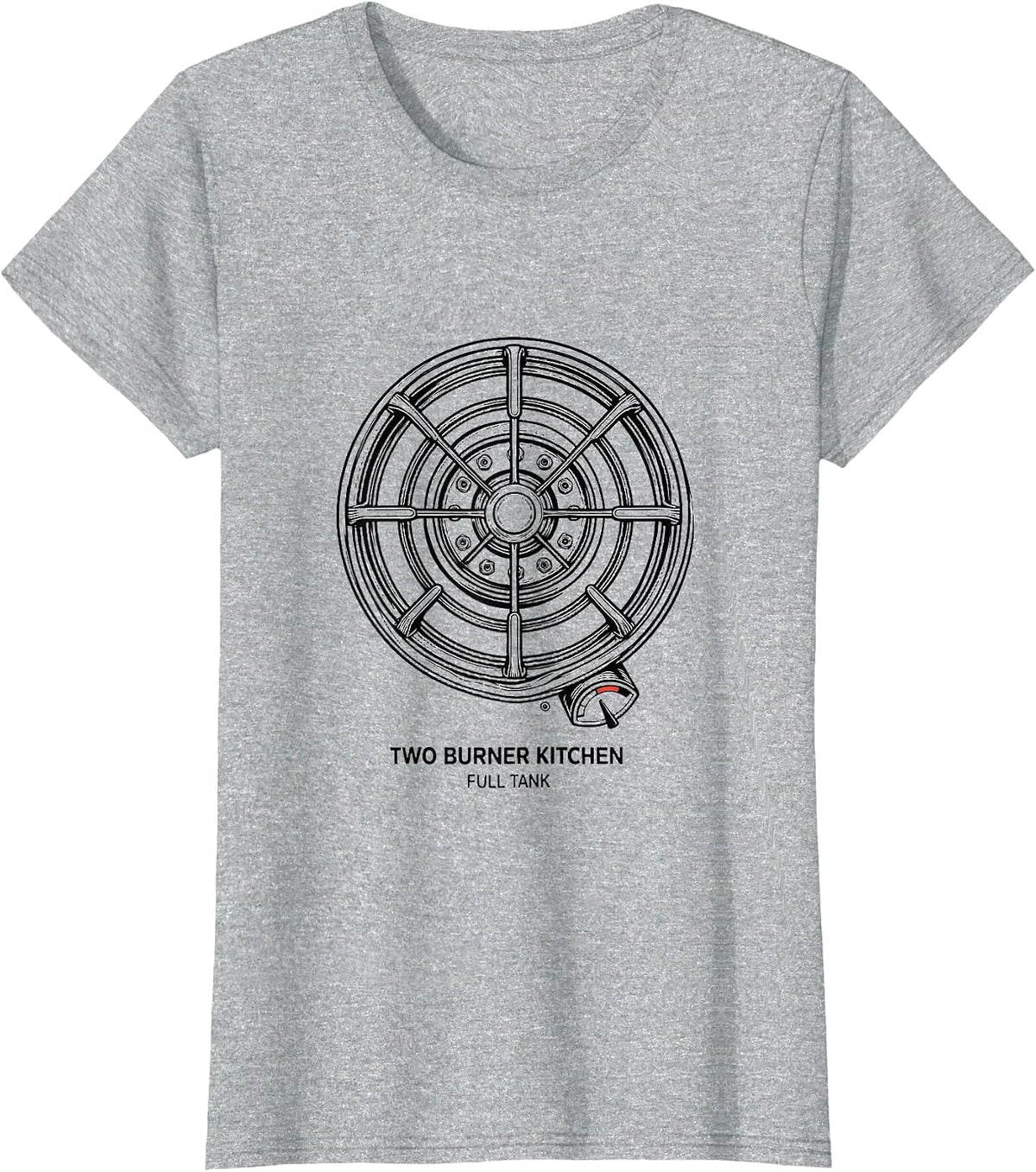 Women's Two Burner Kitchen, Full Tank Retro Van Life Van Dwellers T-Shirt - Heather Grey