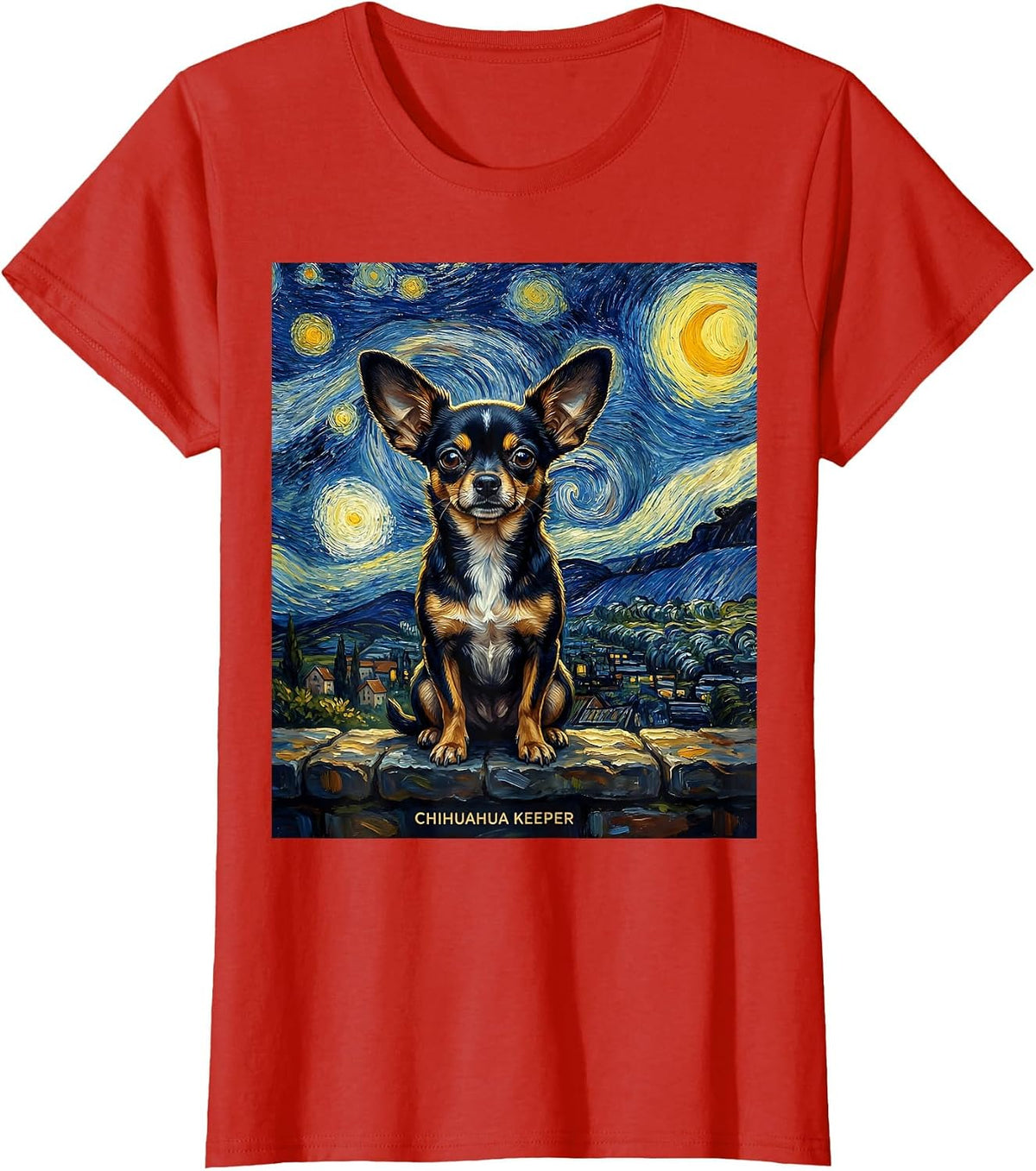 Chihuahua Keeper Van Gogh Style Starry Night Dog Breed T-Shirt - Red