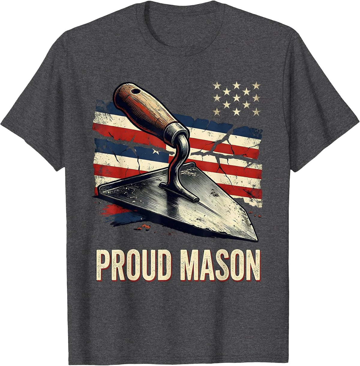 Men's Proud Mason Distressed American Flag Bricklayer T-Shirt - Dark Heather Grey