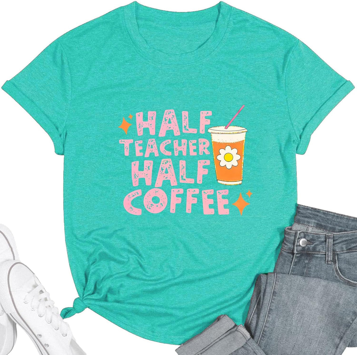 Teacher Shirts Women Funny Teacher Life T-Shirt Half Teacher Half Coffee Graphic Tee Back to School Short Sleeve Tops - Cyan