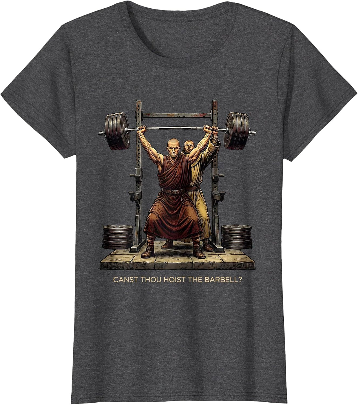 Women's Canst Thou Hoist the Barbell Funny Christian Gym Workout T-Shirt - Dark Heather Grey