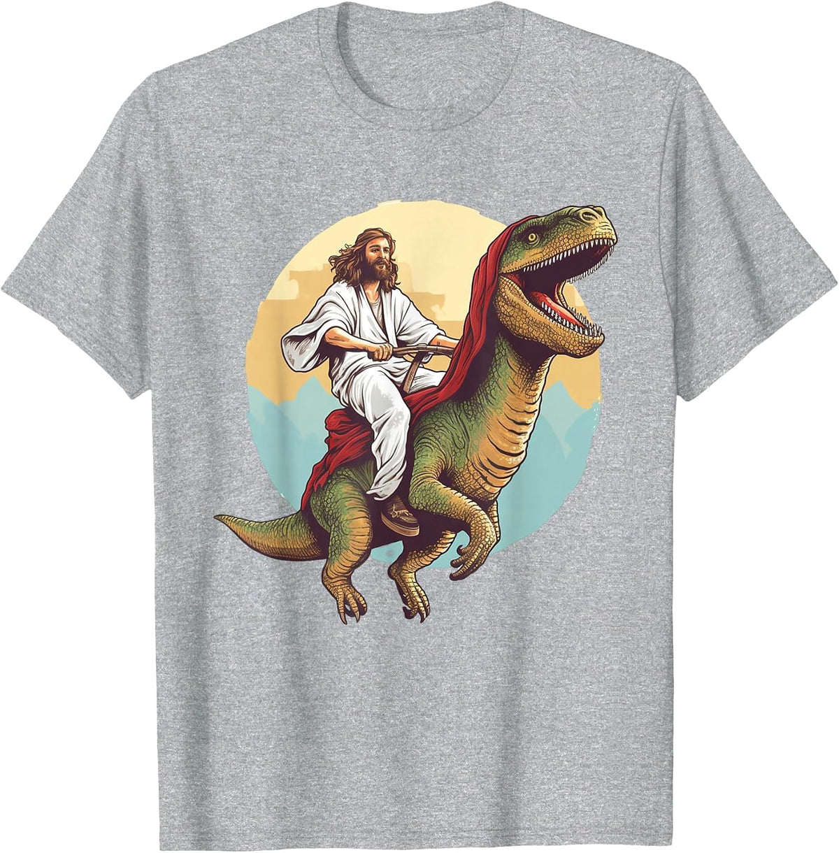 Jesus Riding a Dinosaur Meme Dino Lover Tyrannosaurus Rex T-Shirt - Heather Grey