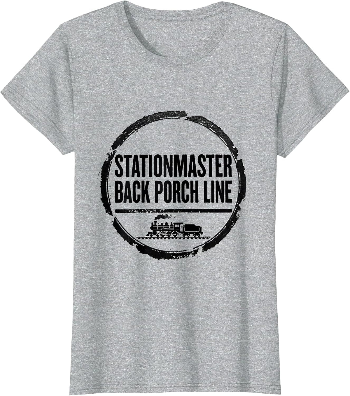 Women's Stationmaster Back Porch Line Vintage Steam Train Enthusiast T-Shirt - Heather Grey