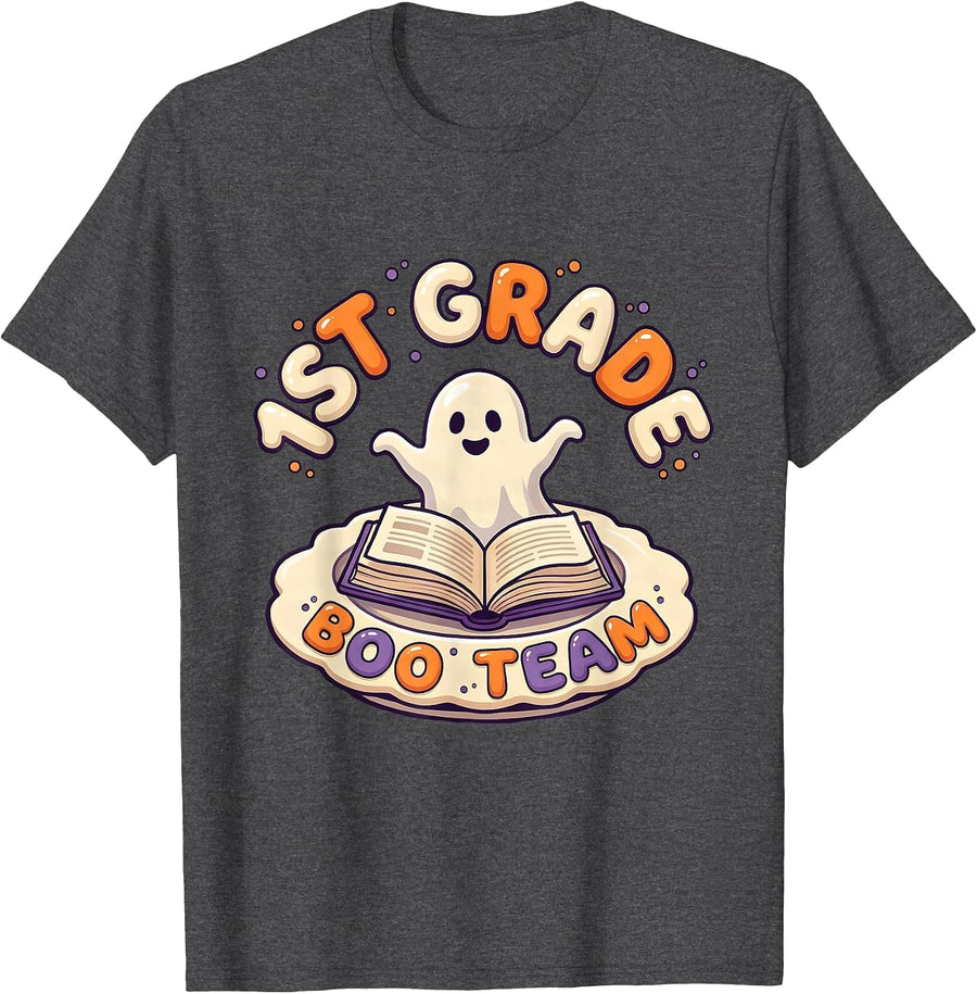 Men's 1st Grade Boo Team Cute Halloween Teacher School Spirit T-Shirt - Dark Heather Grey