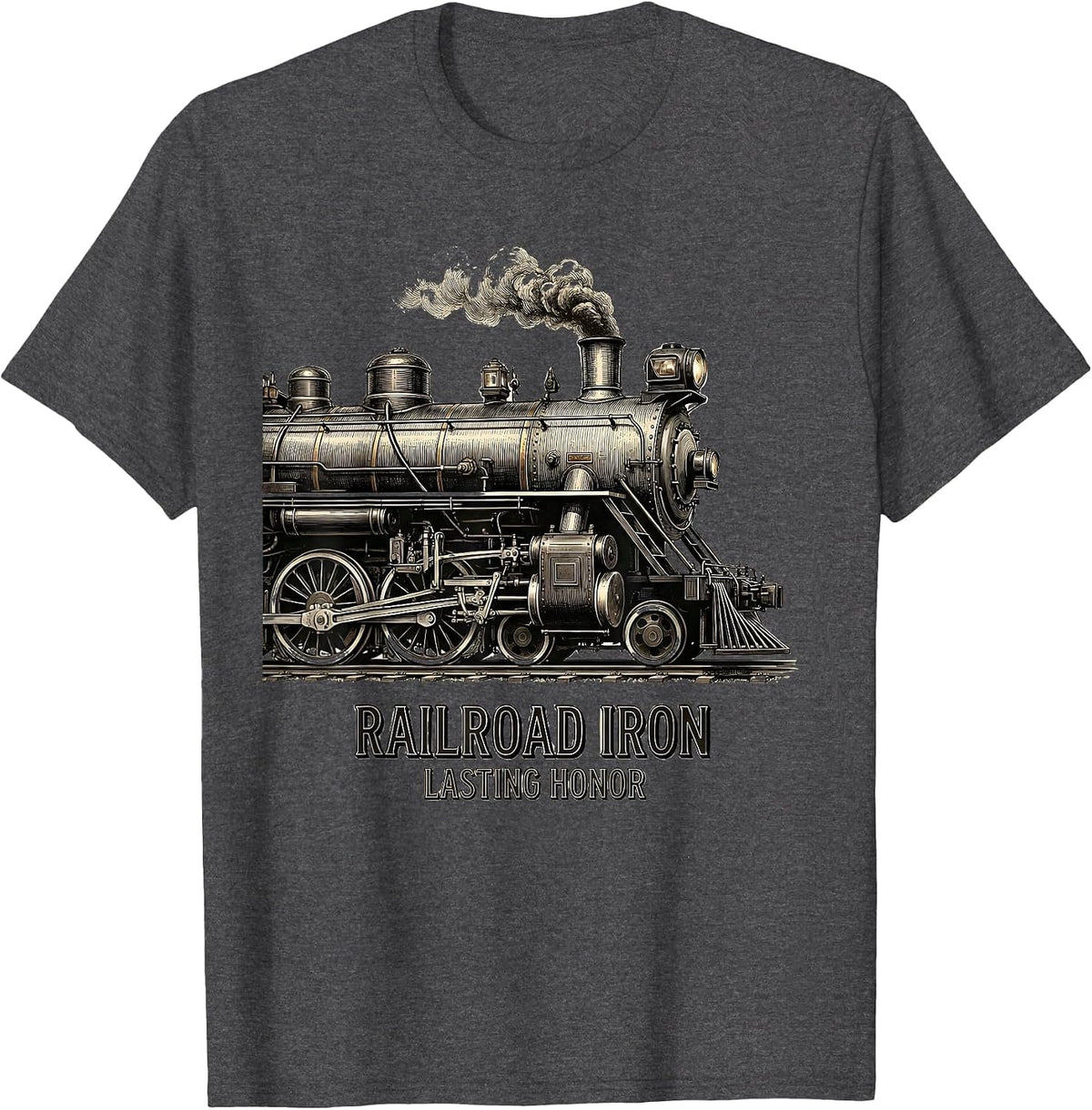 Men's Railroad Iron Lasting Honor Steam Locomotive Railroad T-Shirt - Dark Heather Grey