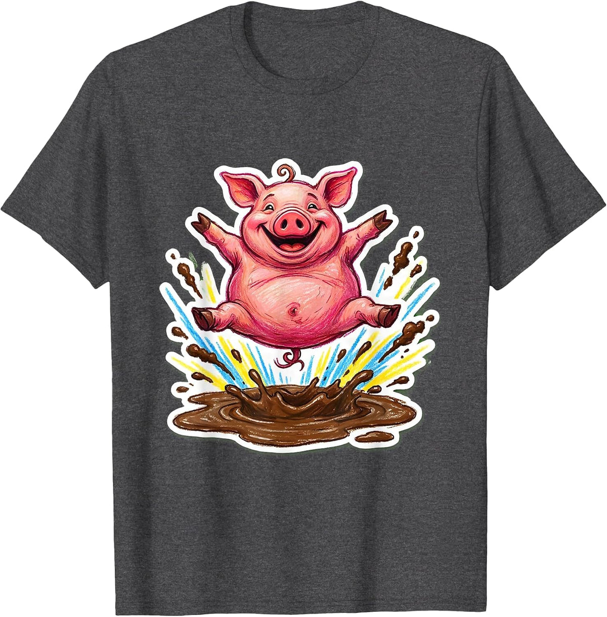Men's Pig Belly Flop Into Mud Funny Animal Design T-Shirt - Dark Heather Grey