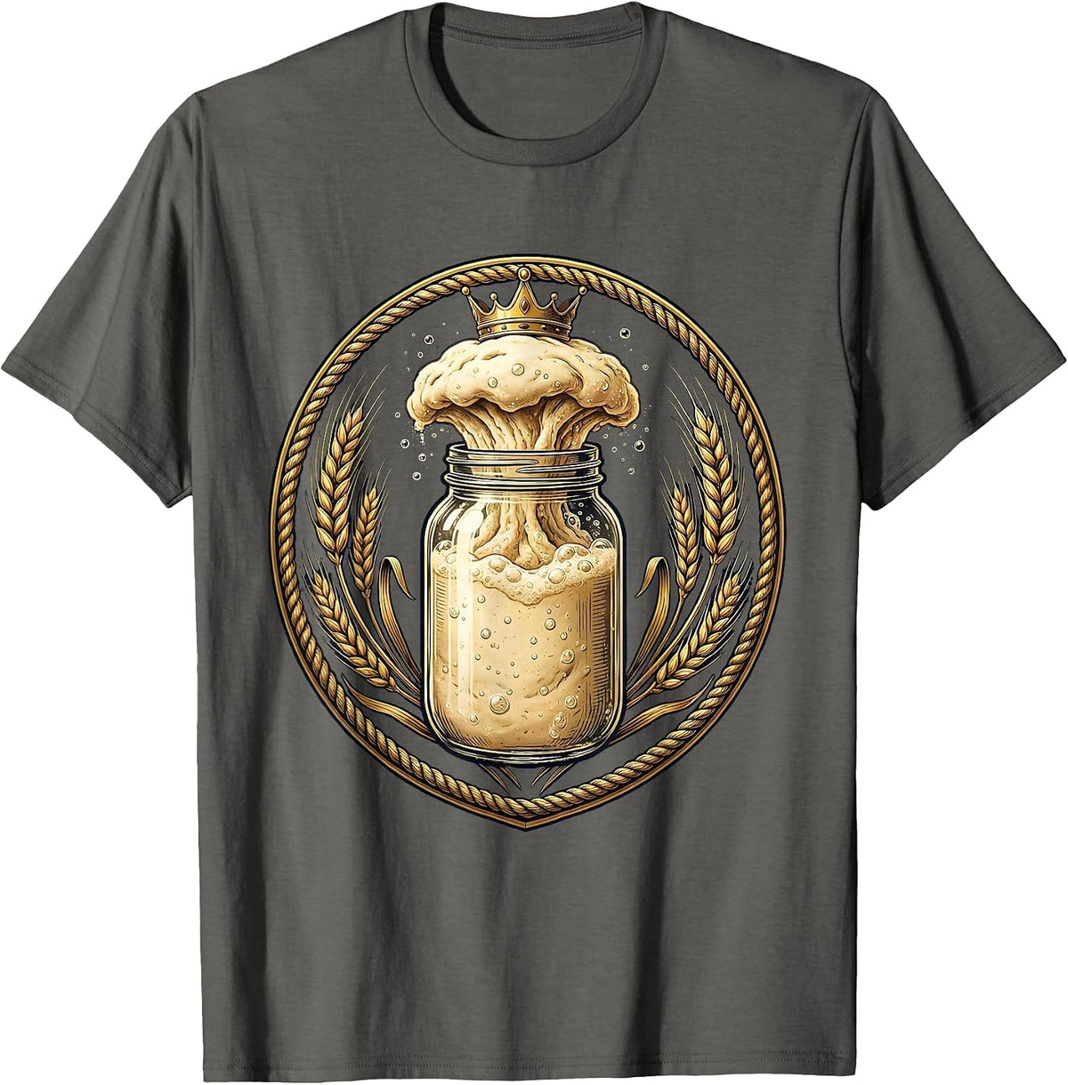 Men's Sourdough Starter Jar Wearing Crown Illustration T-Shirt - Asphalt Grey