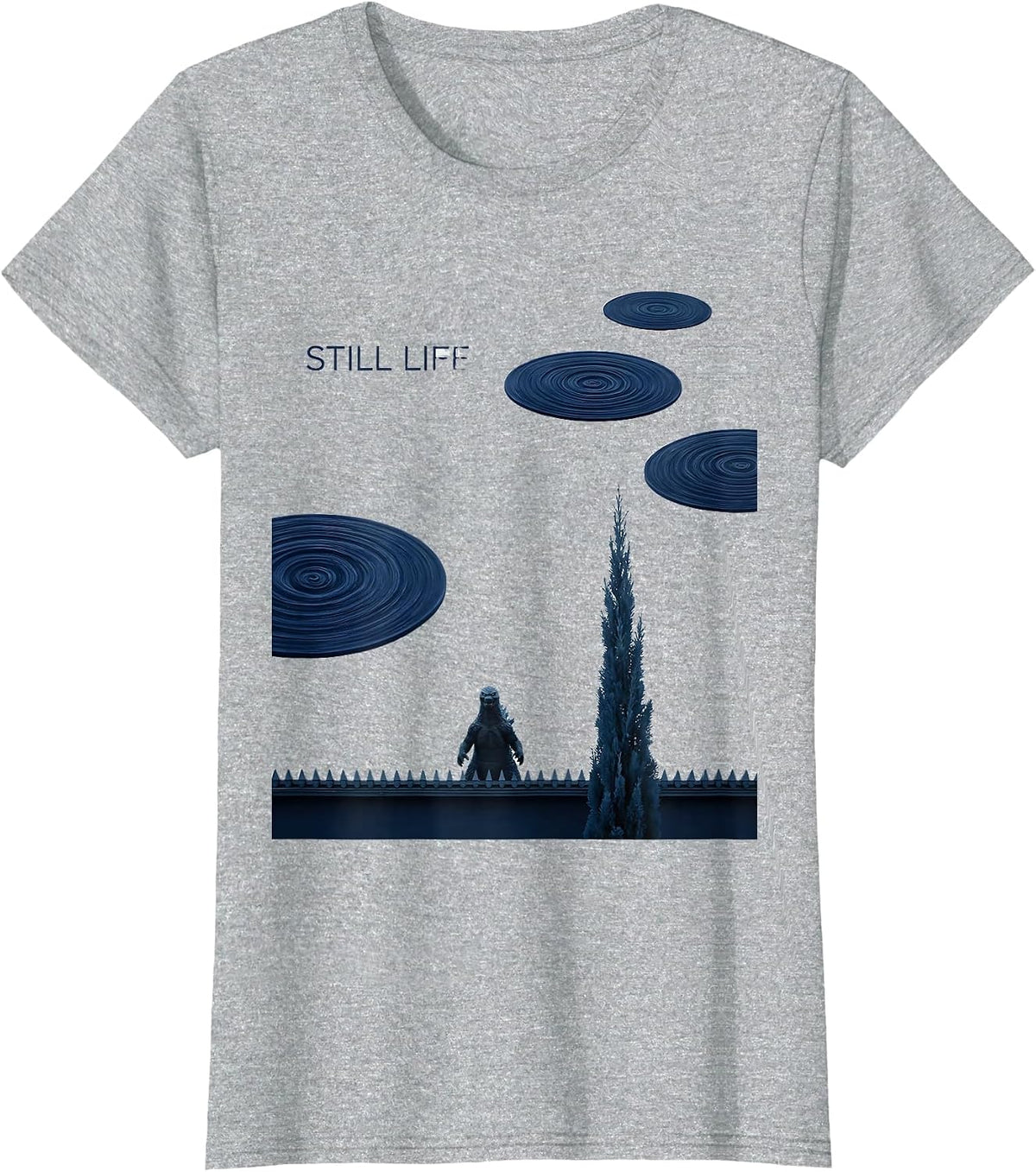 Still Life Minimalist Kaiju Van Gogh Starry Night Art Parody T-Shirt - Heather Grey