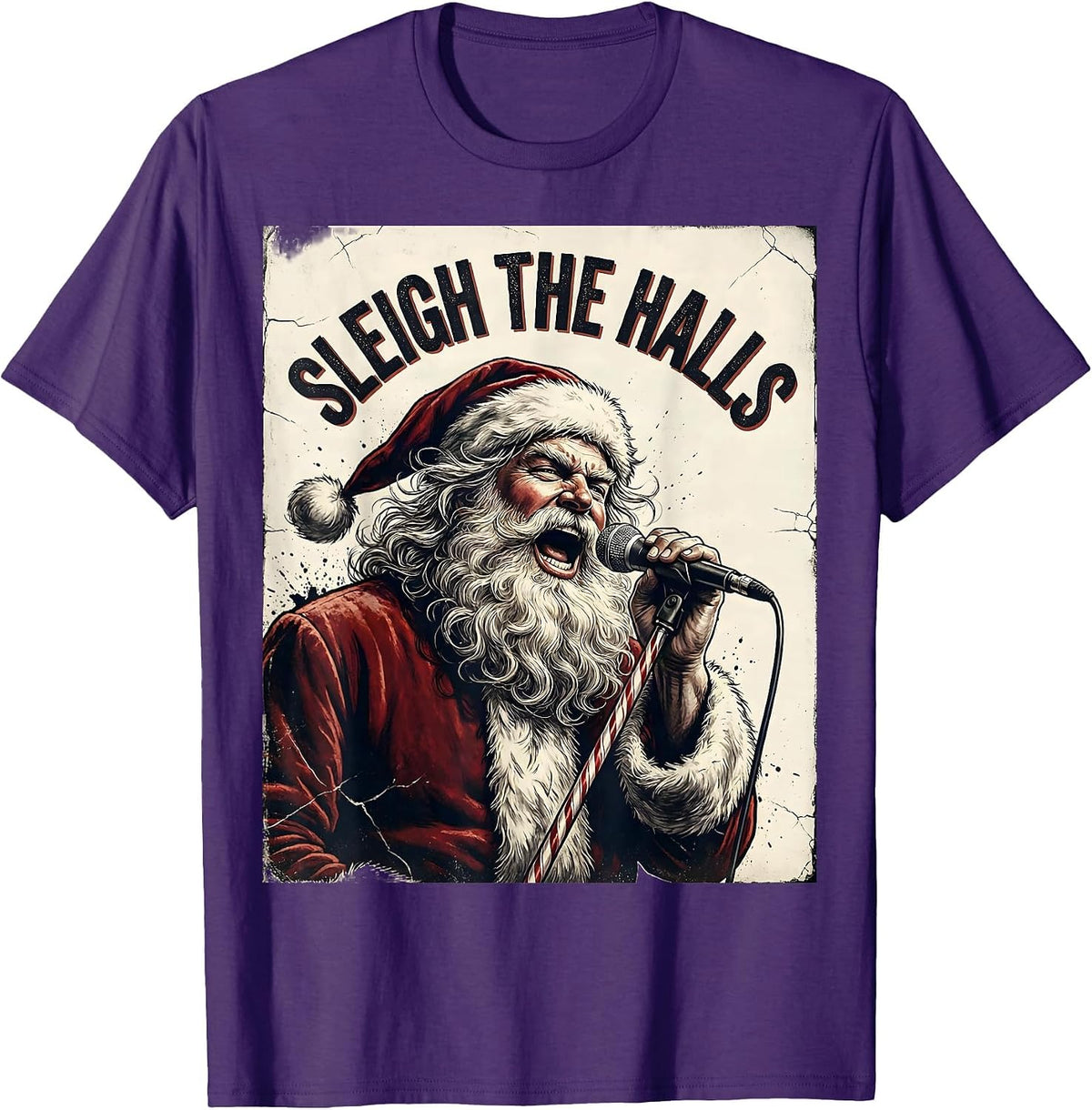 Sleigh the Halls Distressed Heavy Metal Santa Parody T-Shirt - Purple