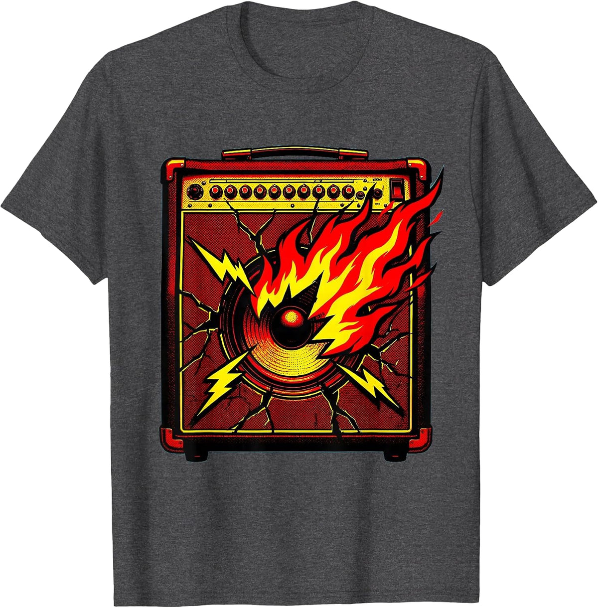 Cracked Amp Flames Rock Music Graphic Tee T-Shirt - Dark Heather Grey