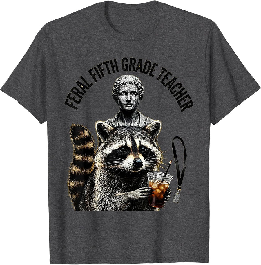 Men's Feral Fifth Grade Teacher Funny Raccoon Back to School T-Shirt - Dark Heather Grey