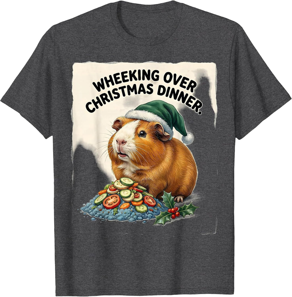 Men's Wheeking Over Christmas Dinner Funny Guinea Pig Santa Hat T-Shirt - Dark Heather Grey