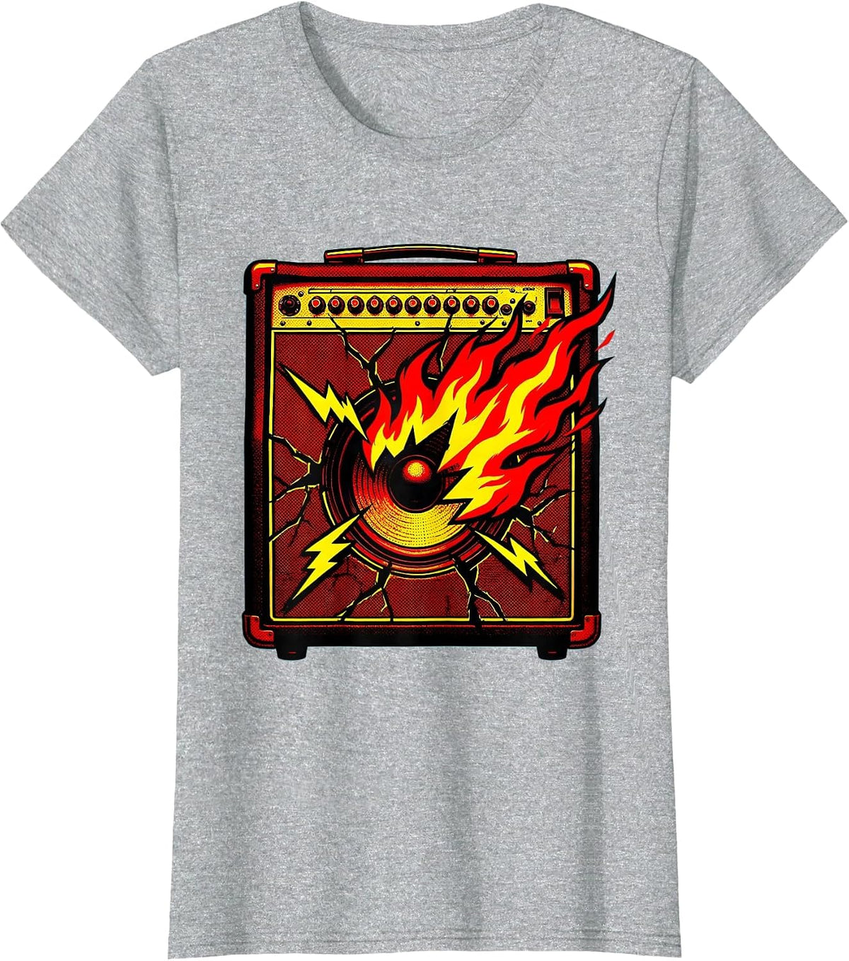 Cracked Amp Flames Rock Music Graphic Tee T-Shirt - Heather Grey