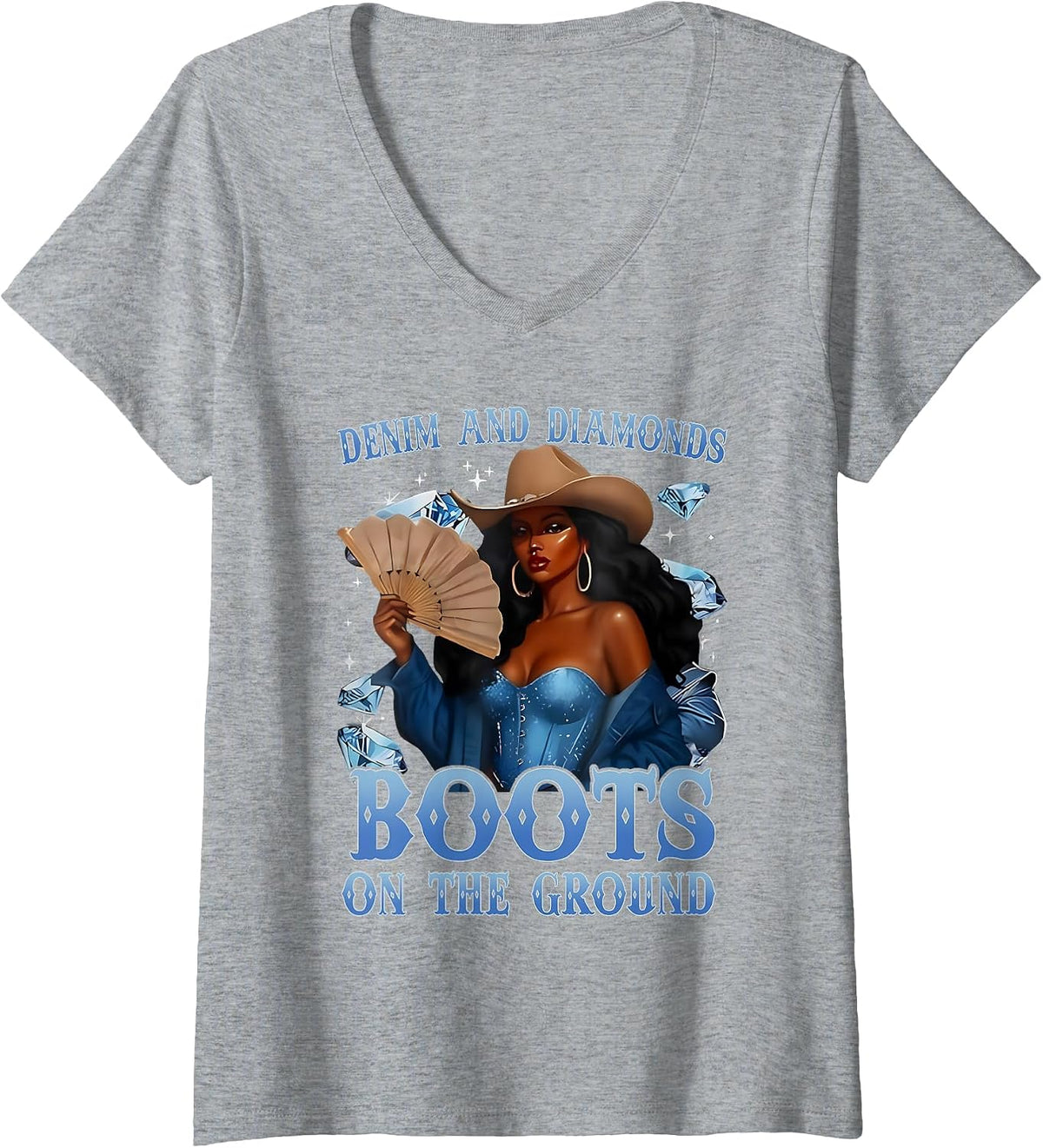 Women's Western Cowgirl Denim and Diamonds Boots On Ground Afro Girl V-Neck T-Shirt - Heather Grey