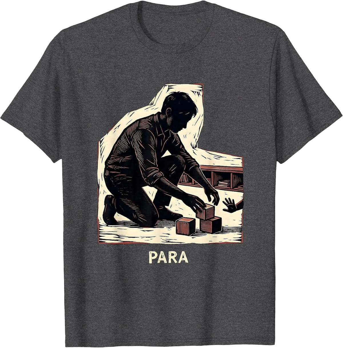 Para Vintage Linocut Paraprofessional Teacher Appreciation T-Shirt - Dark Heather Grey