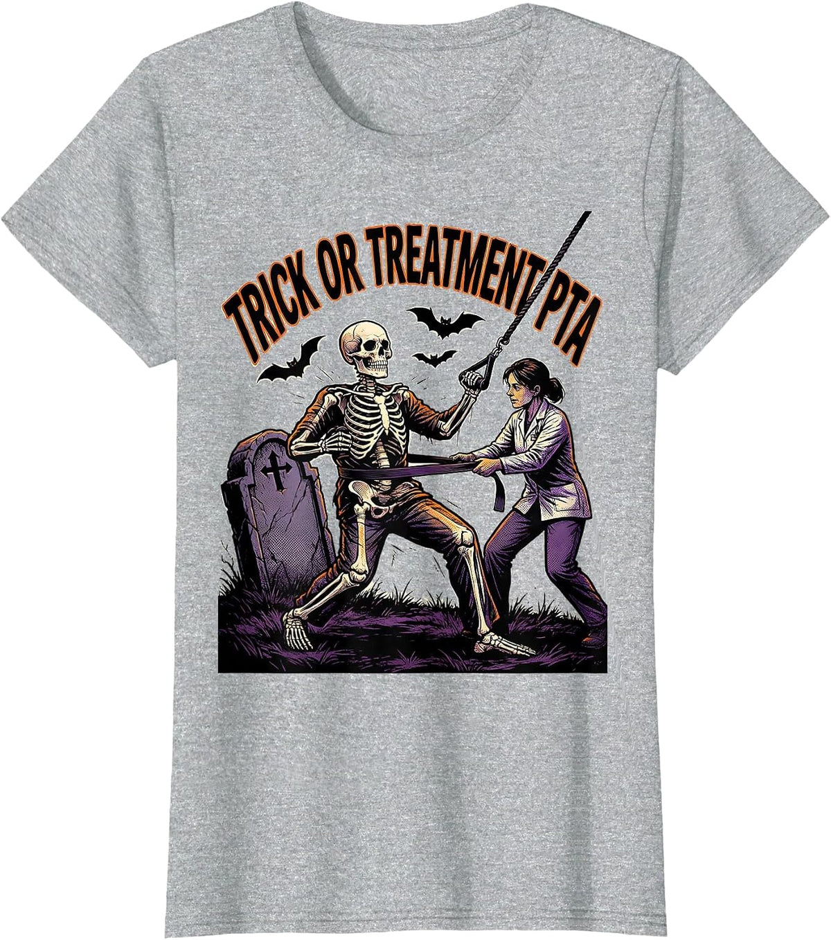 Women's Trick Or Treatment PTA Comic Book Halloween Physical Therapy T-Shirt - Heather Grey