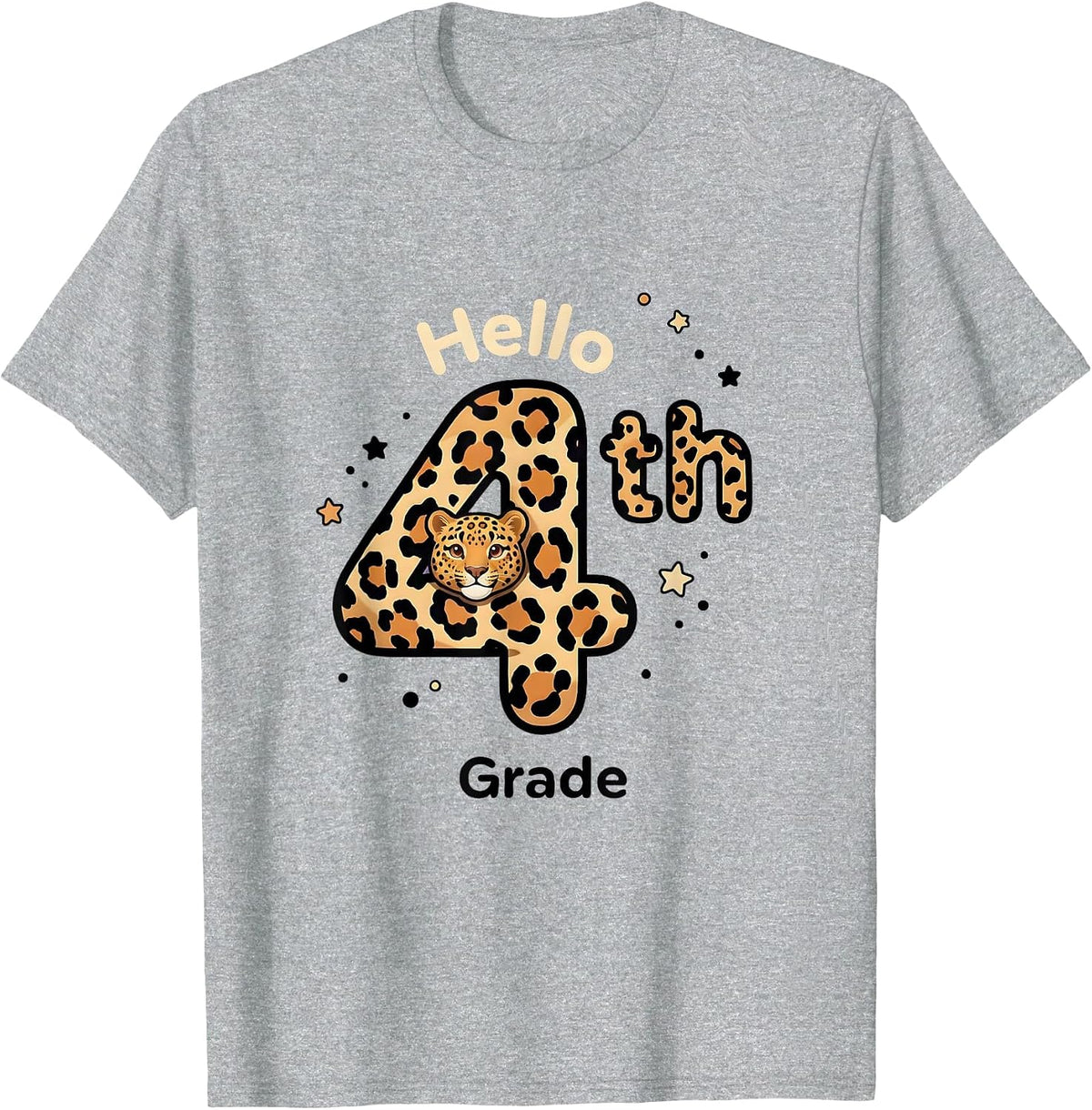 Men's Hello 4th Grade Cute Kawaii Leopard Teacher Student Back T-Shirt - Heather Grey