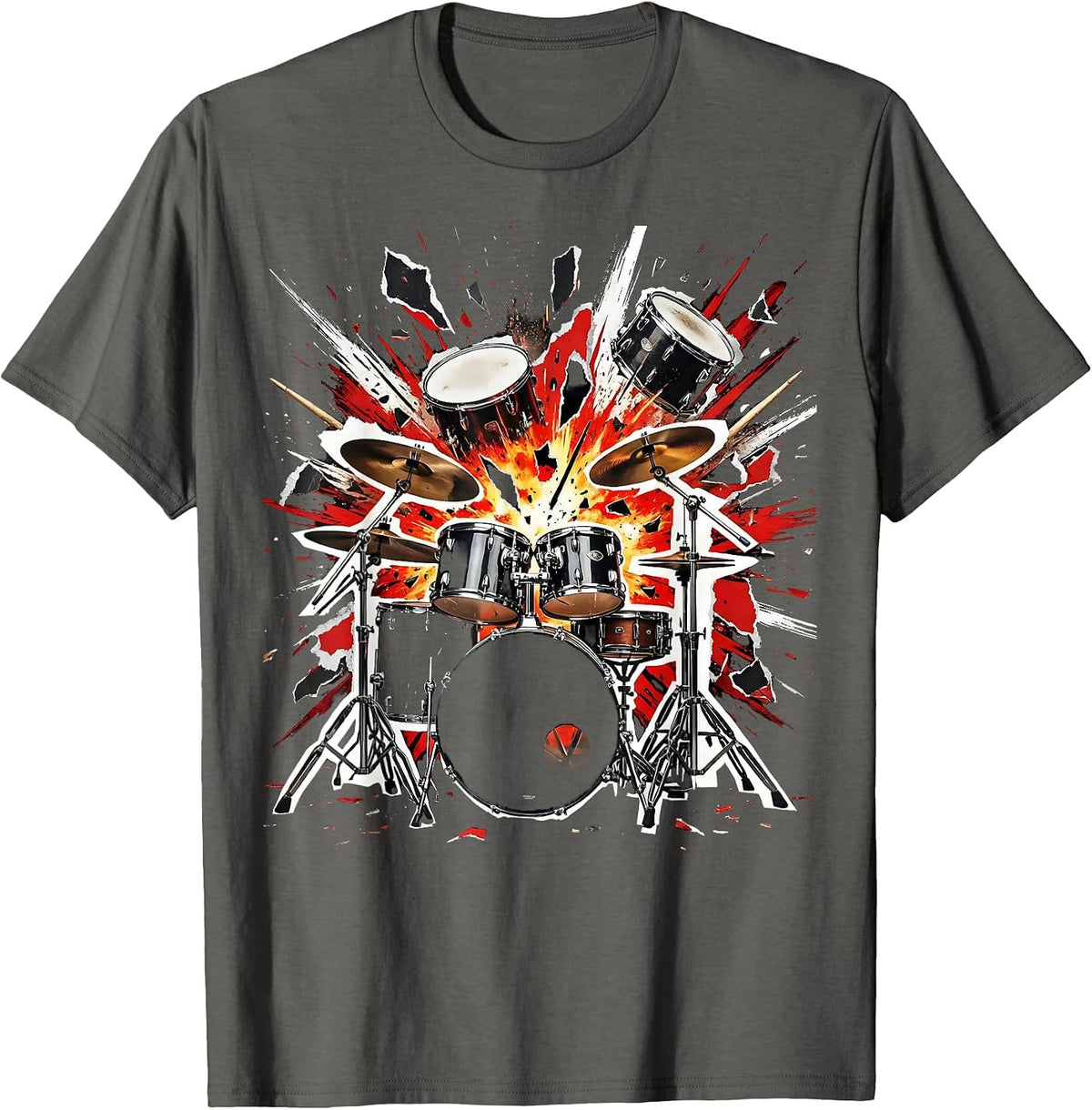 Men's Exploding Drum Kit Fragmented Percussion Art T-Shirt - Asphalt Grey