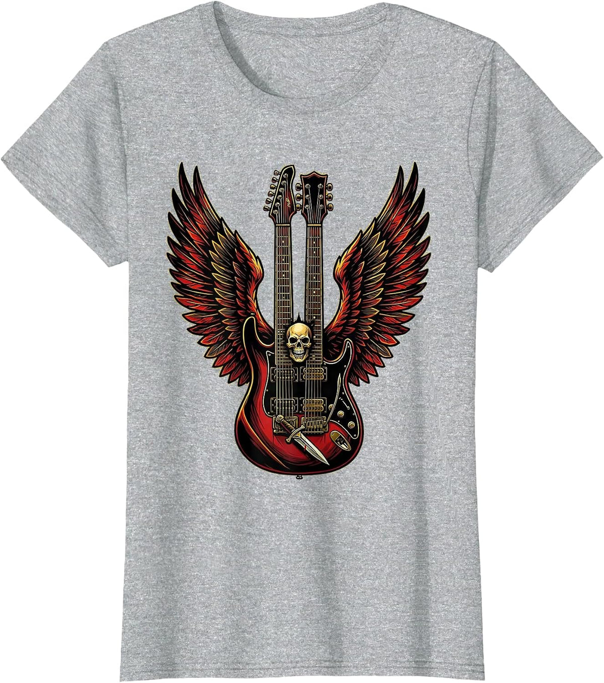 80s Rock Double-Neck Guitar With Wings Graphic T-Shirt - Heather Grey