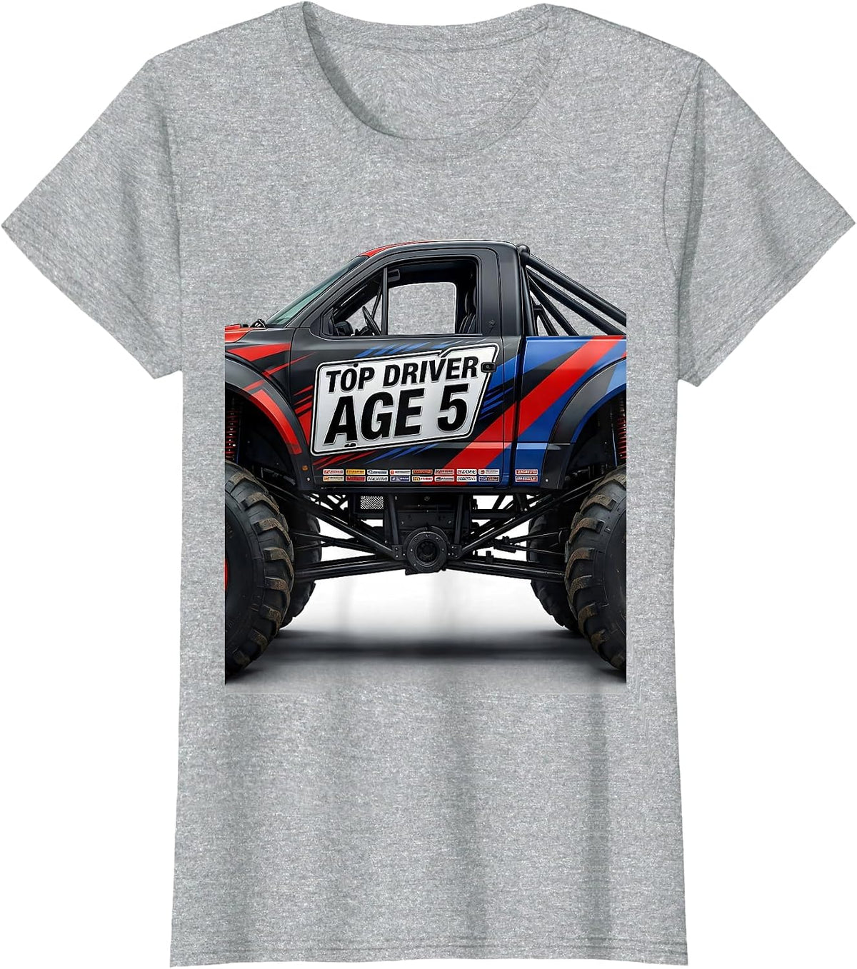 TOP DRIVER AGE 5 Monster Truck Birthday Boy Party Keepsake T-Shirt - Heather Grey