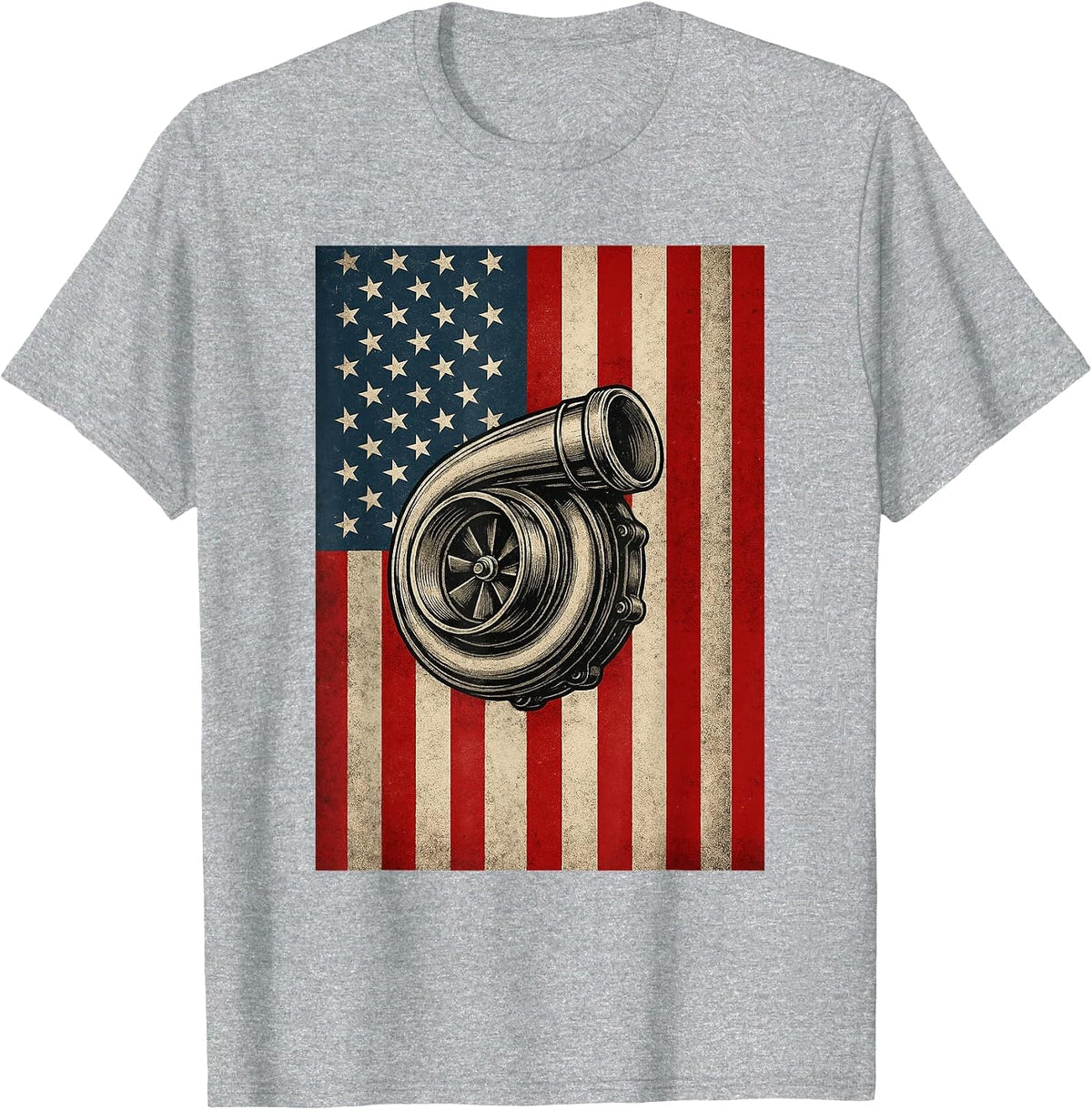Turbo US Flag - Patriotic Car Guy Car Lover T-Shirt - Heather Grey
