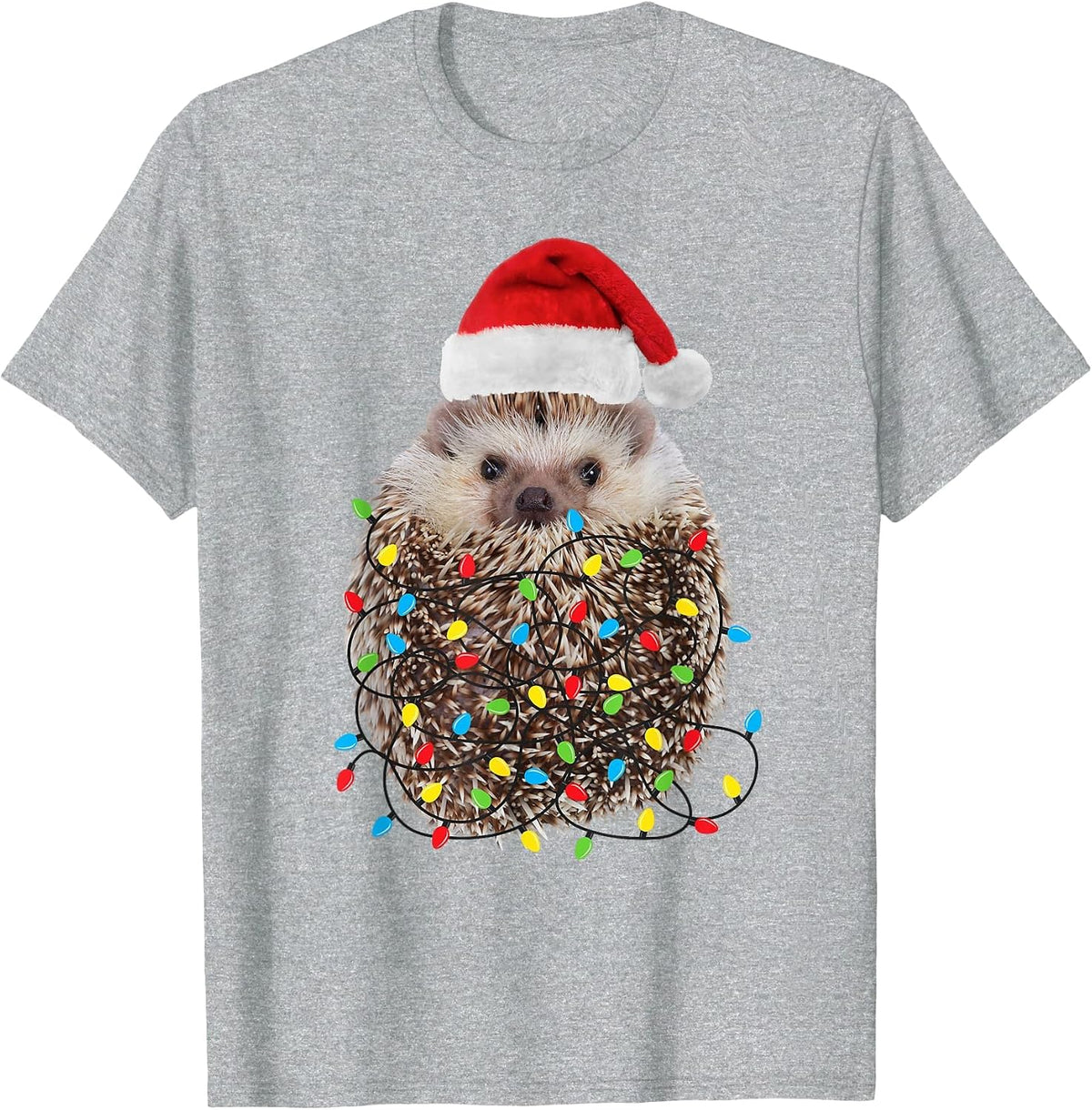 Cute Hedgehog Santa Hat Chritmas Lights T-Shirt - Heather Grey