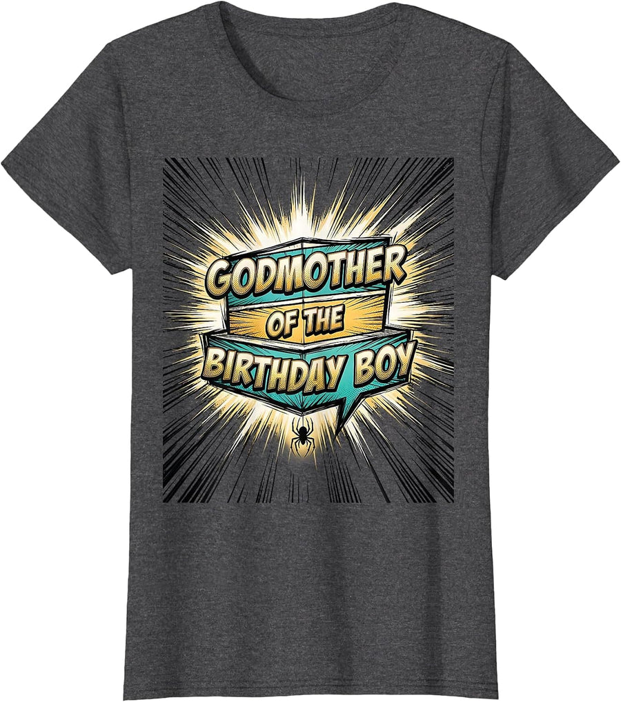 Women's Godmother Of The Birthday Boy Comic Book Spider Web Family T-Shirt - Dark Heather Grey