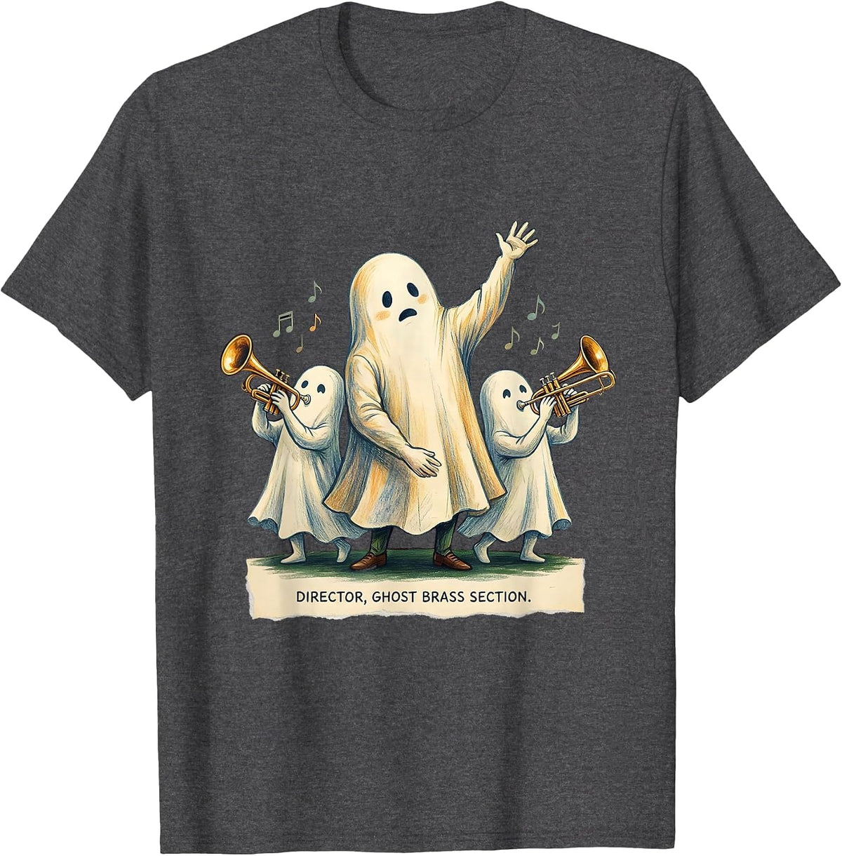 Director Ghost Brass Section Whimsical Music Teacher T-Shirt - Dark Heather Grey