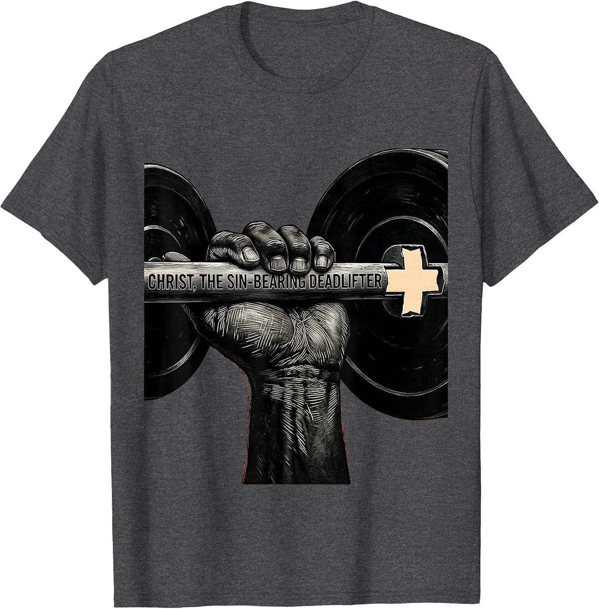Men's Christ The Sin-Bearing Deadlifter Funny Christian Gym Humor T-Shirt - Dark Heather Grey