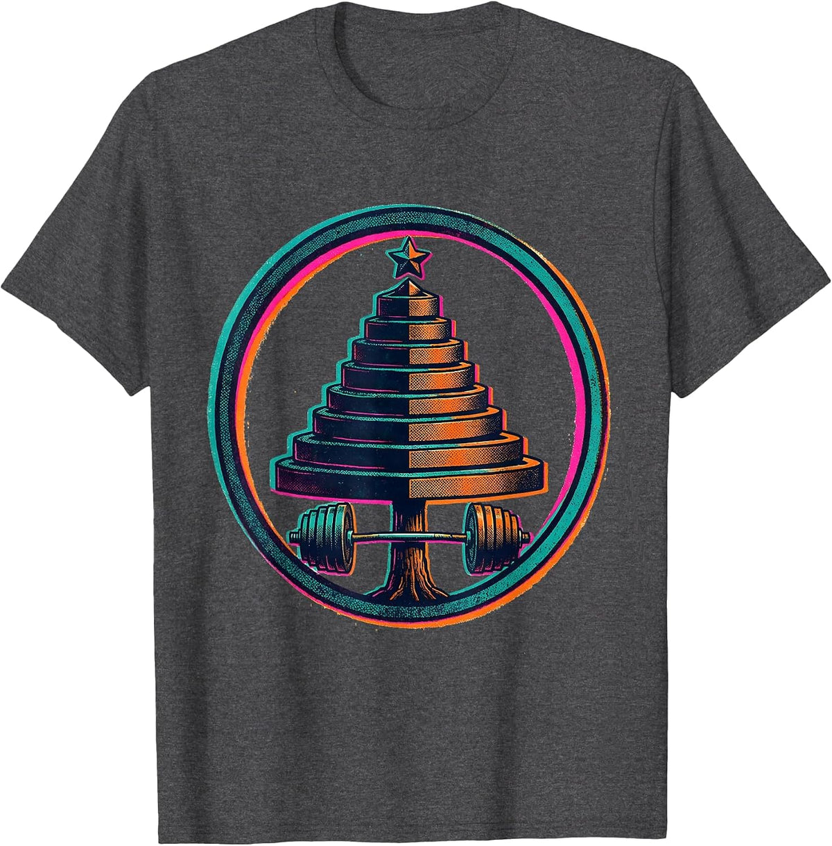 Men's Stepped Tree Weight Plates Gym Humor Christmas T-Shirt - Dark Heather Grey