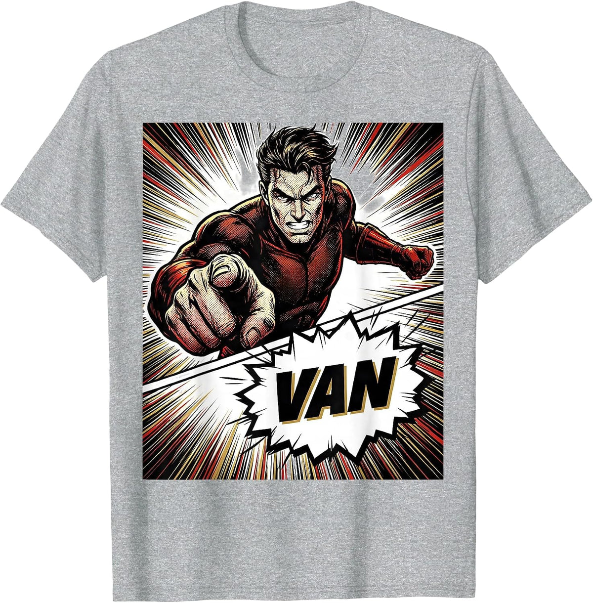 Men's VAN Comic Book Bold Typography Van Life Traveler Road Trip T-Shirt - Heather Grey