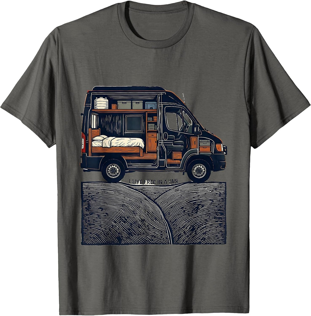 Men's I Live Free In A Van Retro Van Life Nomads Dwellers T-Shirt - Asphalt Grey
