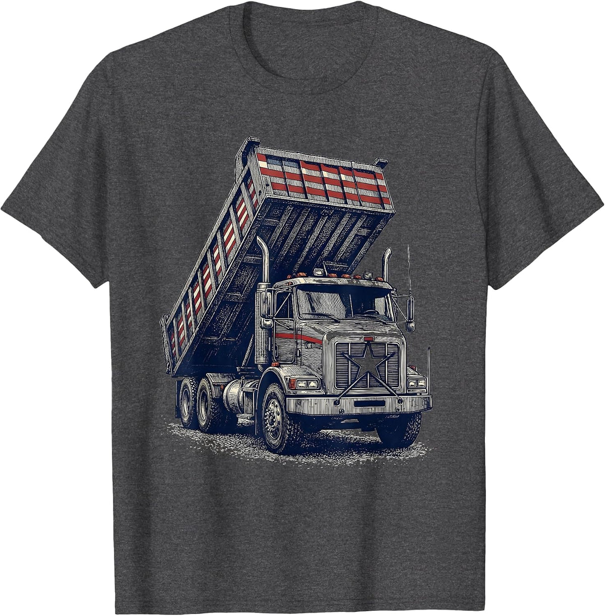 Men's Heavy Dump Truck Crosshatch Etching Patriotic Driver T-Shirt - Dark Heather Grey
