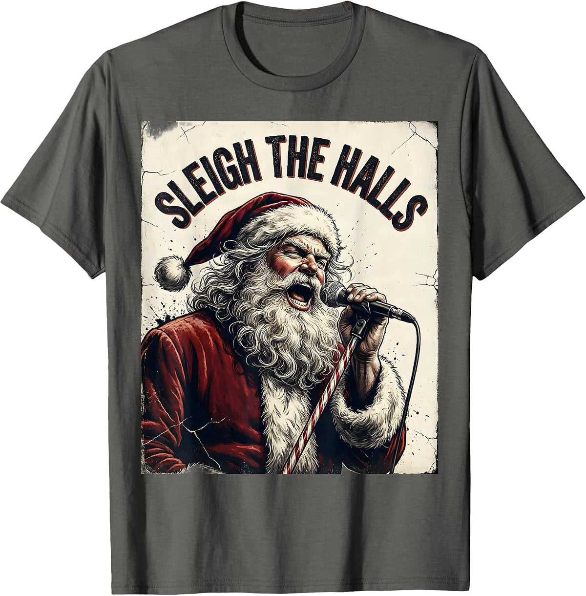 Sleigh the Halls Distressed Heavy Metal Santa Parody T-Shirt - Asphalt Grey