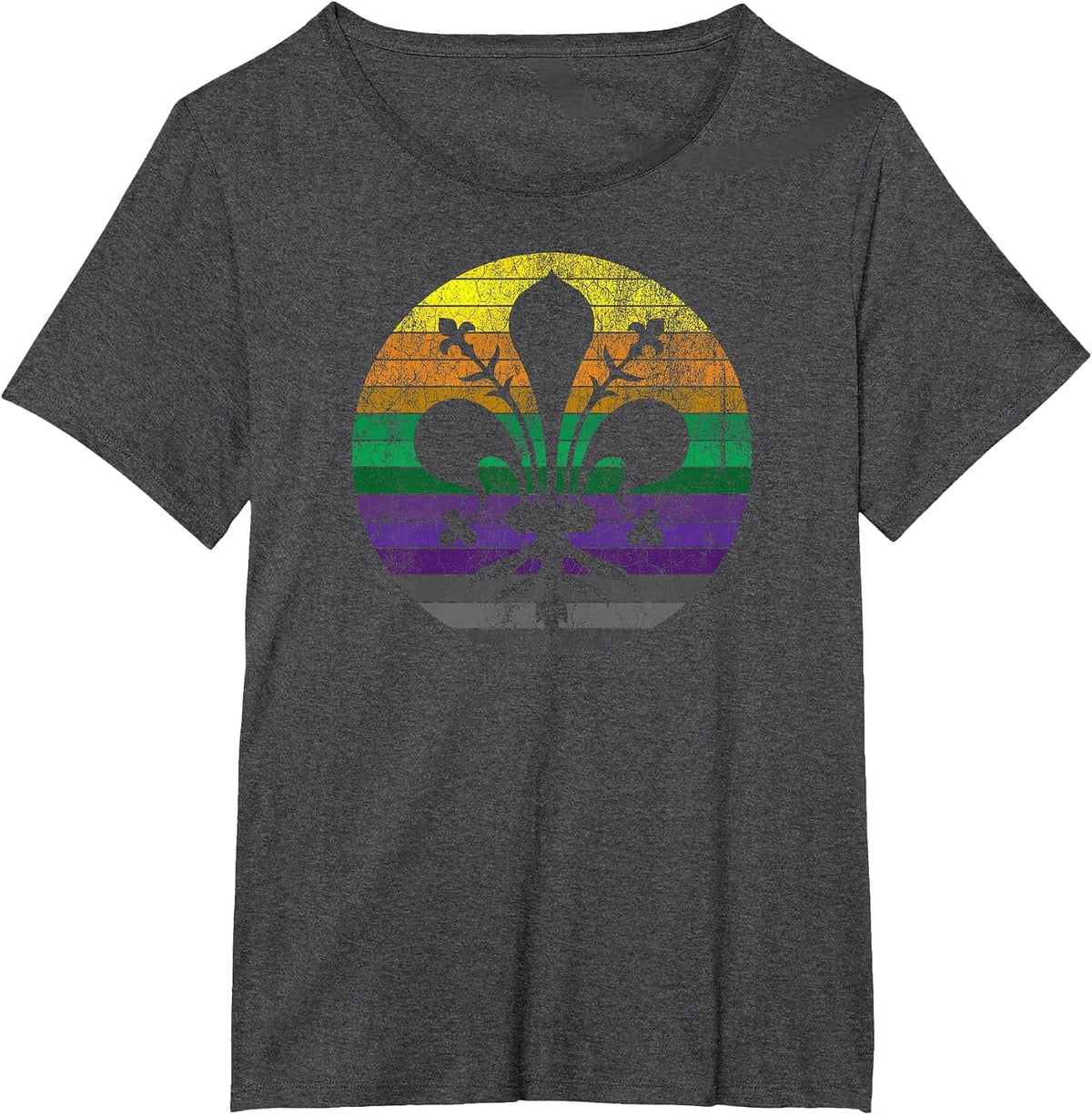 Mardi Gras Fleur de Lis - Distressed Vintage, Retro Sunset T-Shirt - Dark Heather Grey