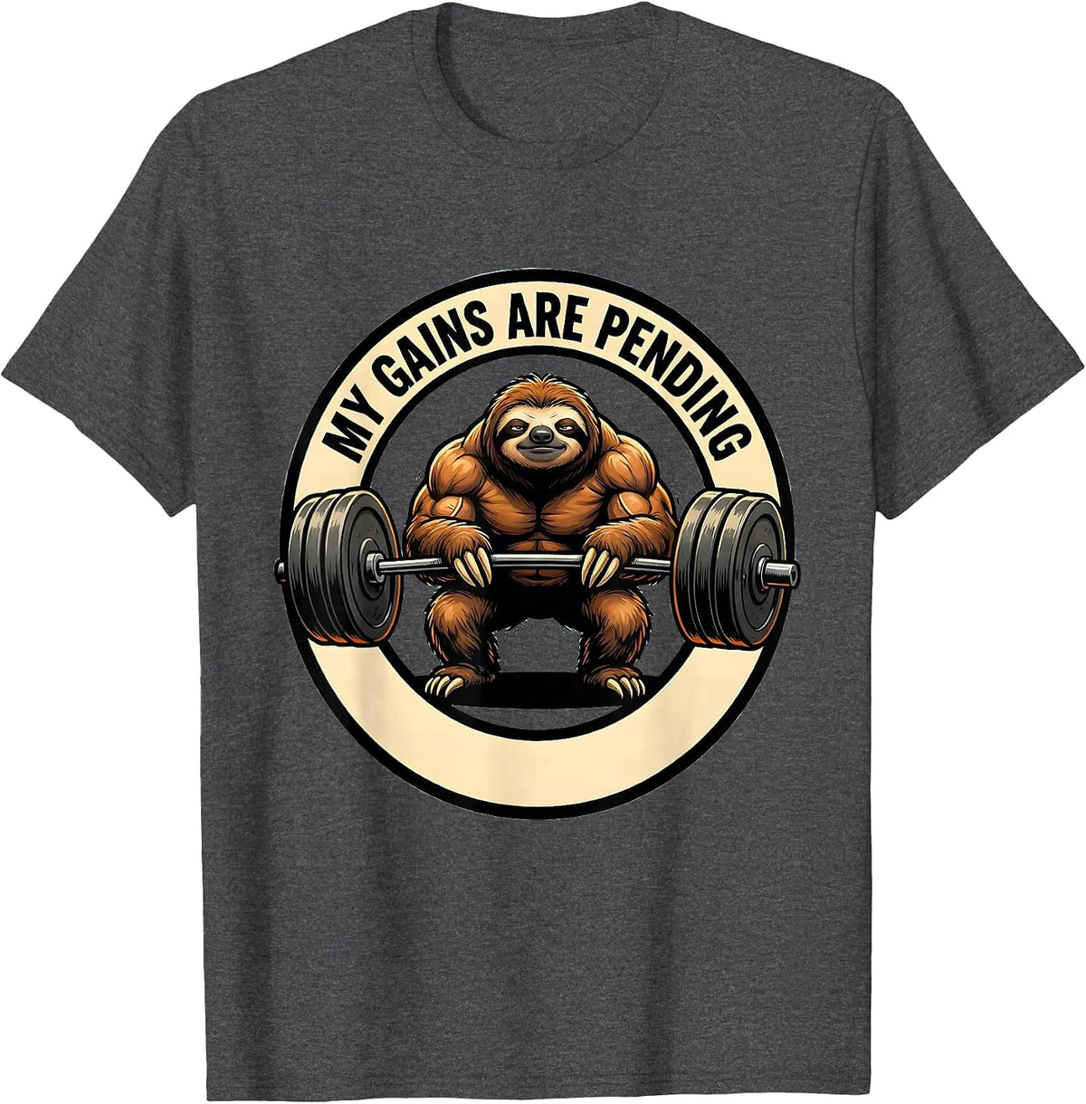 Men's My Gains Are Pending Funny Gym Cartoon Weightlifting Workout T-Shirt - Dark Heather Grey